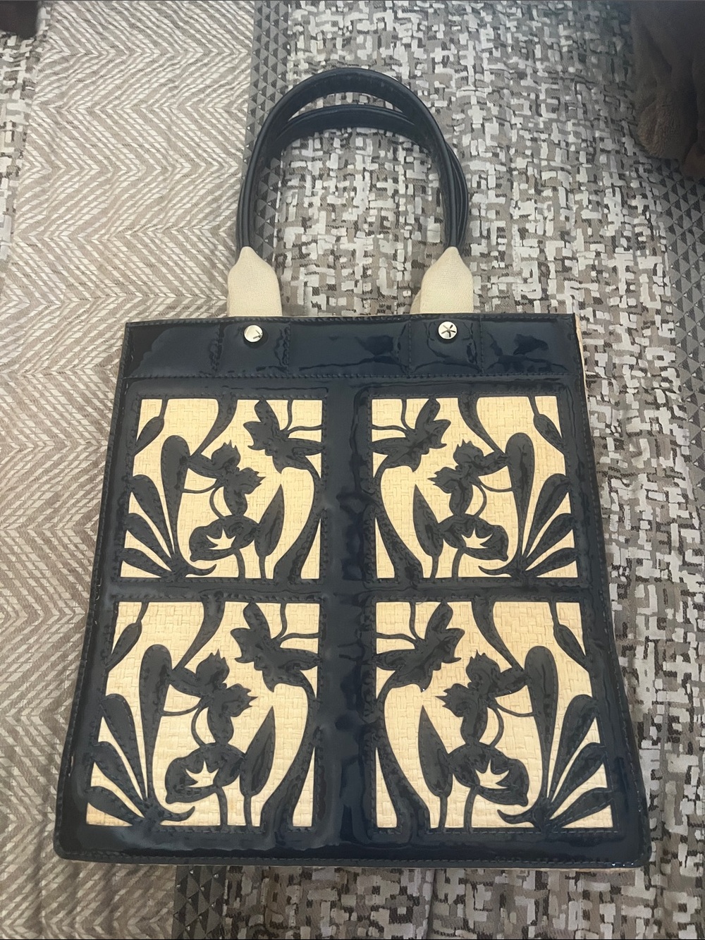 Navy Blue and Beige Floral Cutout Tote